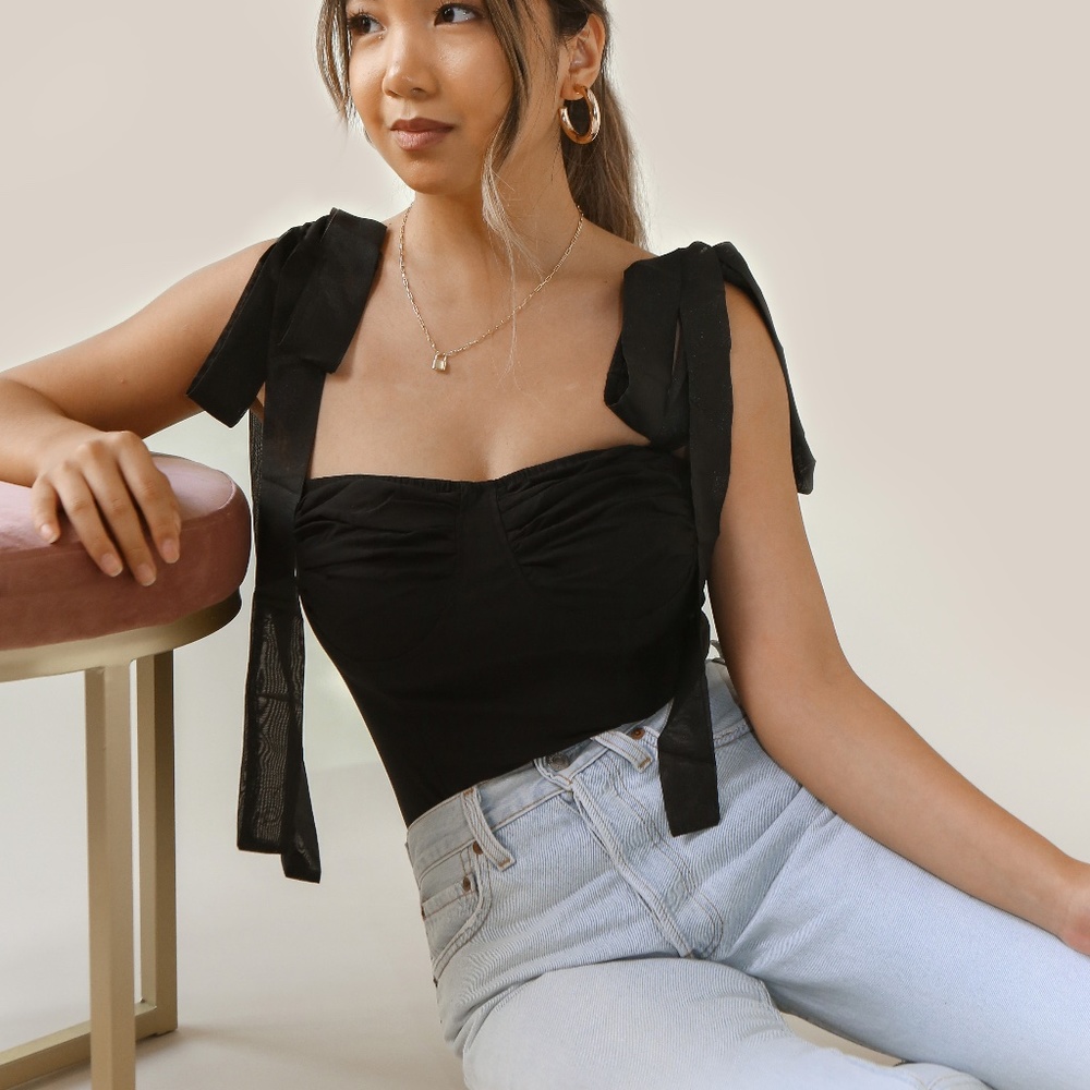 Black Ribbon Tie Sleeve Sweetheart Ruched Top